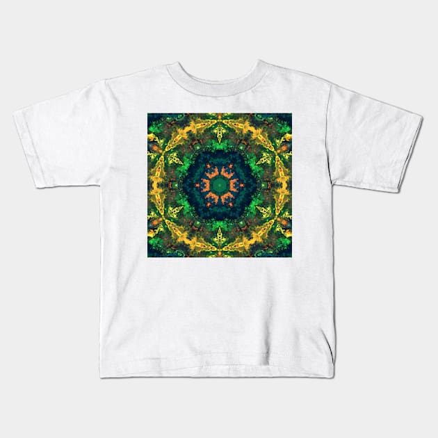 Psychedelic Hippie Flower Green Blue Orange and Yellow Kids T-Shirt by WormholeOrbital